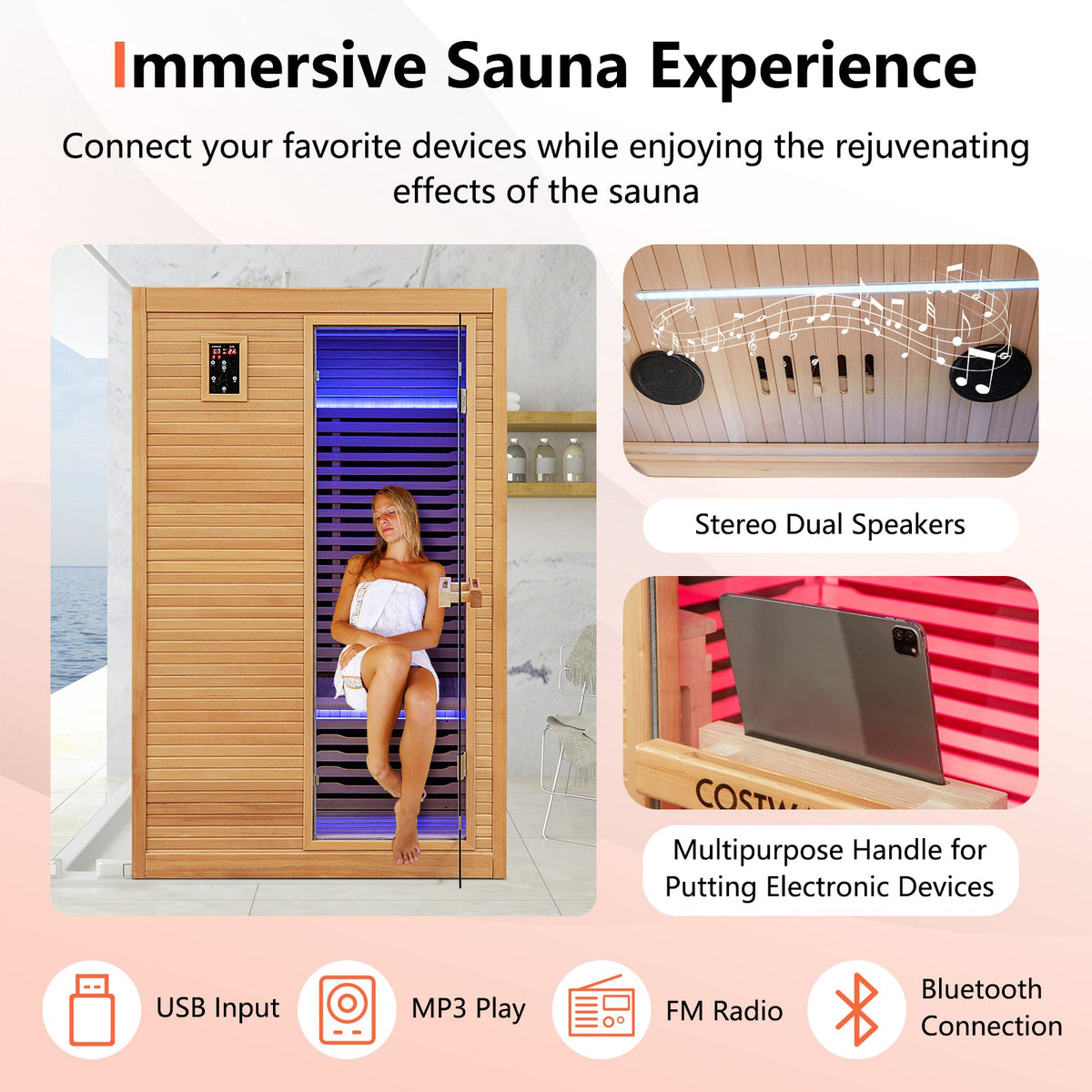 DirectDeals 2-Person Far Infrared Wooden Sauna with Red Light Therapy