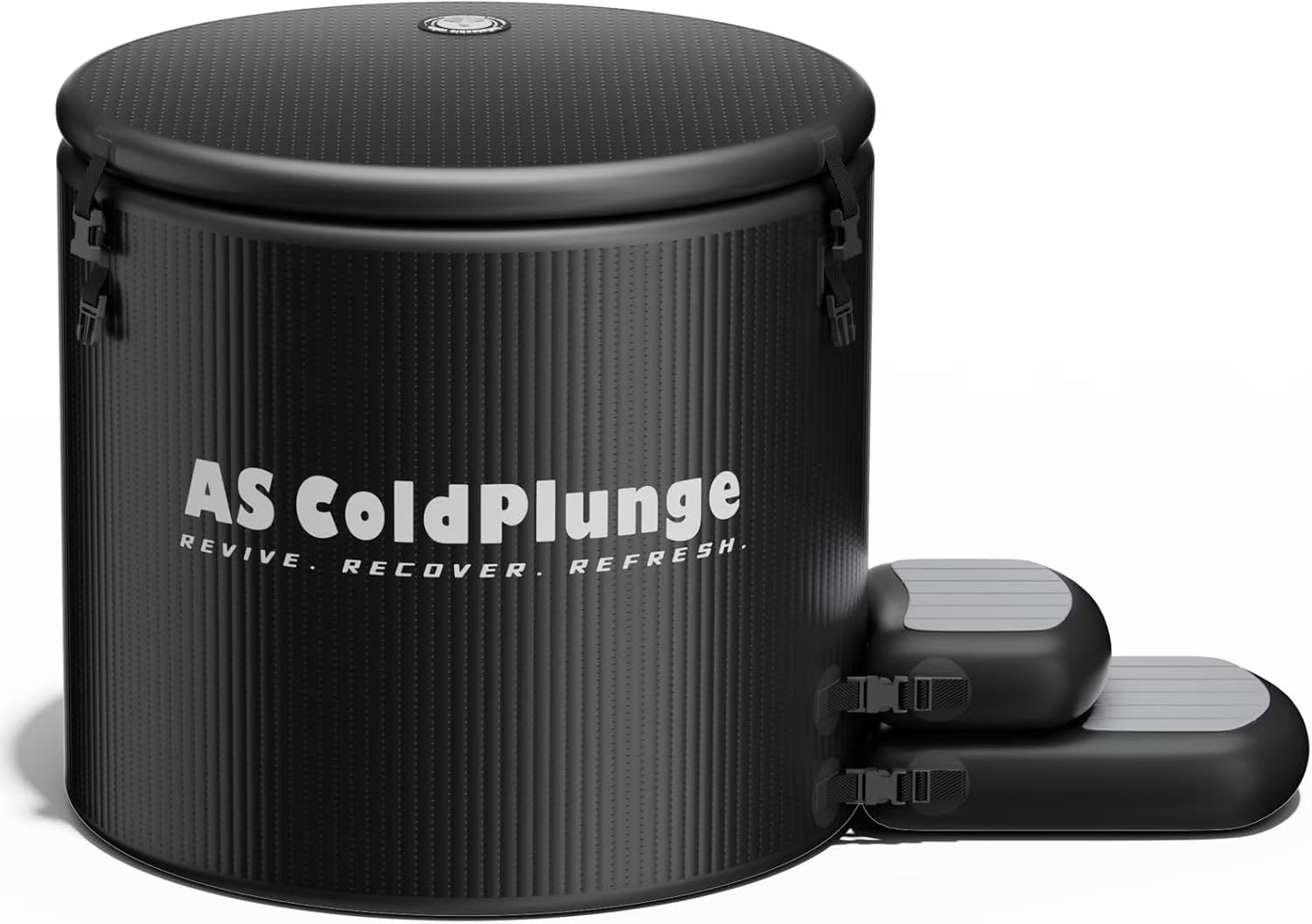 Black AS ColdPlunge container with footrest on a white background