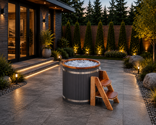 ALEKO Cold Therapy Ice Bath Tub – 118 Gallon Outdoor Cold Plunge with Cedar Steps