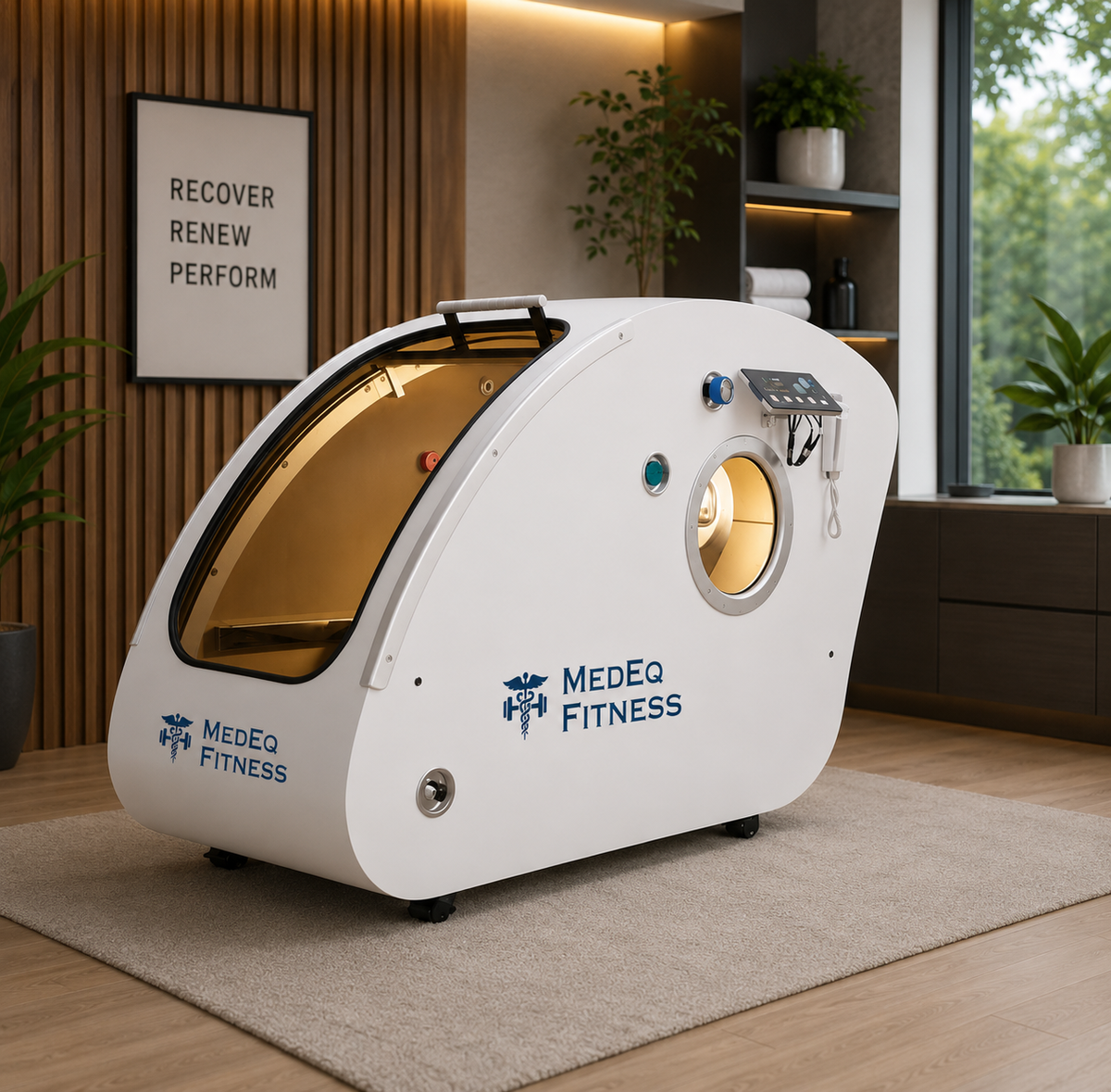 MedEq Fitness hyperbaric chamber in a modern indoor wellness space