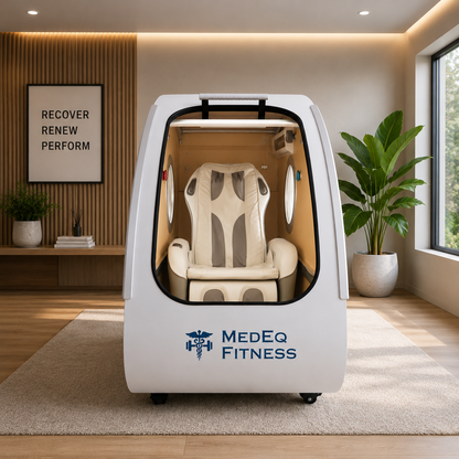 Front view of MedEq Fitness hyperbaric chamber in a modern wellness room