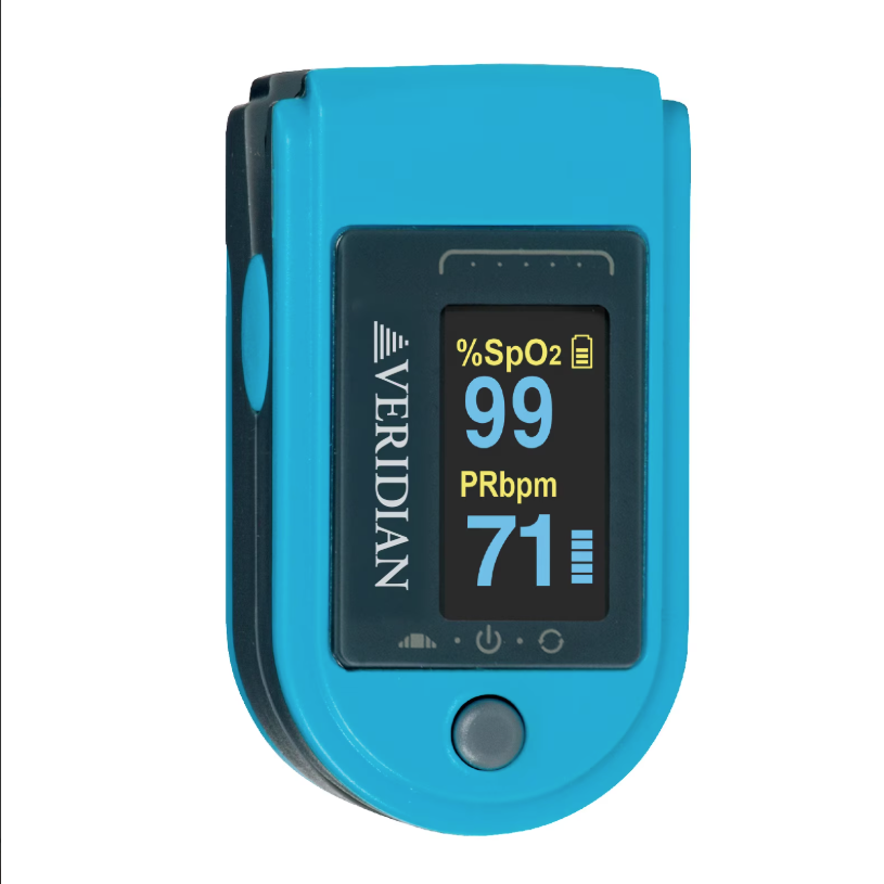 A Veridian fingertip pulse oximeter in bright blue, shown against a plain white background. The device's screen is active, displaying oxygen saturation levels of 99% and a pulse rate of 71 bpm.